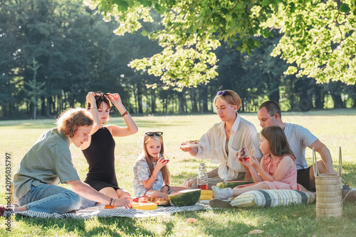 Large happy group of family and friends enjoying relaxing outdoor summer picnic under big green tree in sunny peaceful park eating fresh food and sitting on cozy blanket laughing and talking together