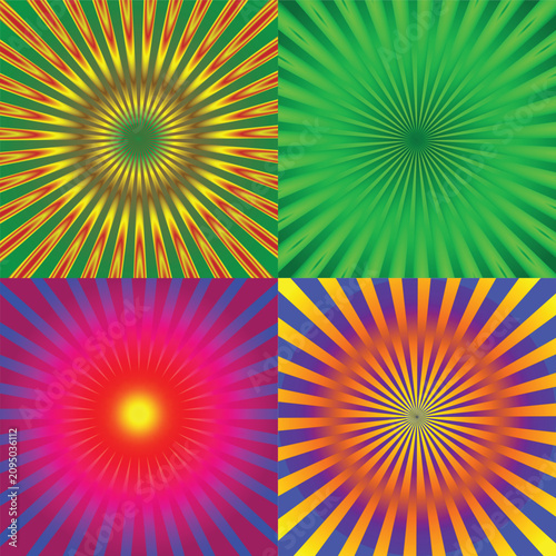 Set of Colorful Psychedelic Sunburst Backgrounds with Radial Retro Rays Art & Illustration