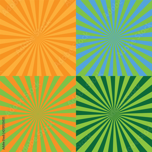 Set of four Colorful Retro Sunburst Backgrounds with Pop Art Radial Green and Orange Rays Art & Illustration