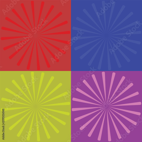 Four Colorful Pop Art Sunburst Badges and Retro Circular Radial Starburst Set