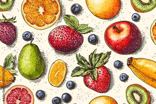 Organic food illustration pattern in vintage engraved style photography