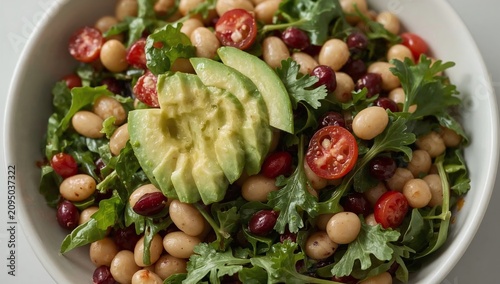 Healthy Salad With Beans, Tomatoes, Avocado, and Greens on a Wooden Table