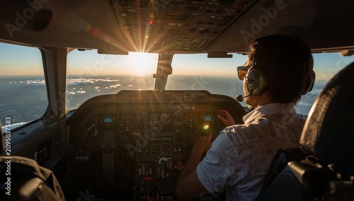 Pilot Operates Aircraft During Sunset Over the Clouds