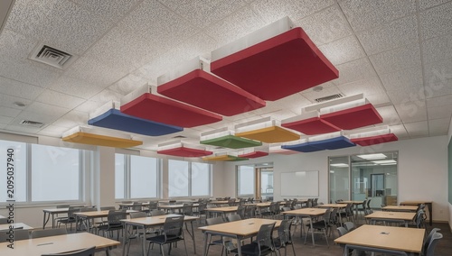 Learning Space With Colorful Ceiling Lights in a Modern Classroom Setting