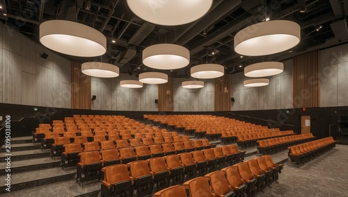 Seating Arrangement in an Auditorium With Hanging Lights and Wooden Walls