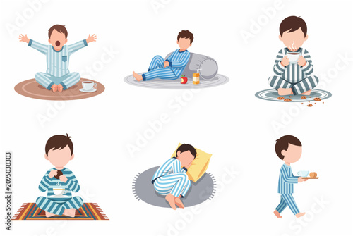 Set of Cute Boy Character Illustrations in Striped Pajamas Showing Morning Routine Activities Like Waking Up, Eating Breakfast, Drinking Tea, and Sleeping