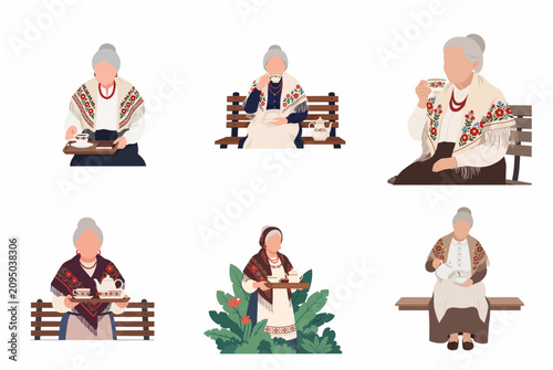 Set of illustrations featuring an elderly woman in traditional folk costume enjoying tea and relaxing on a bench