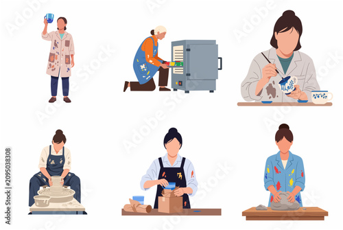 Set of Female Potters Working in Studio Creating Handmade Ceramic Products
