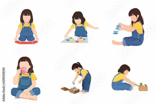 Set of flat vector illustrations of a little girl in denim overalls playing with a tea set and wooden blocks isolated on white background