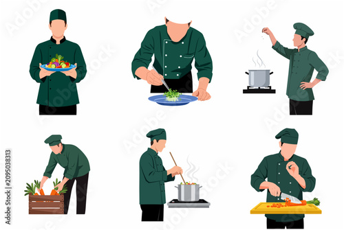 Professional male chef in uniform set, cooking and preparing healthy food illustrations. Vector characters plating, seasoning, slicing vegetables, and stirring soup in the kitchen.