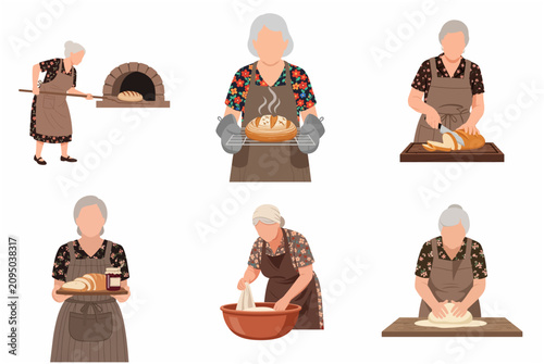 Elderly woman baking homemade bread vector illustration set, grandmother character kneading dough and baking in stone oven, fresh bakery concepts