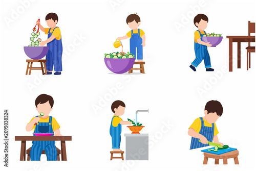 Little Boy Preparing and Eating Healthy Vegetable Salad Collection Illustration