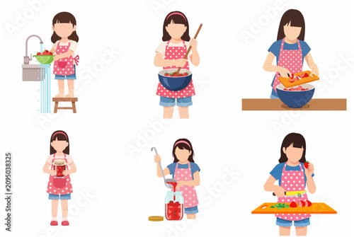 Set of illustrations showing a little girl in a pink polka dot apron preparing and making homemade strawberry jam step by step.
