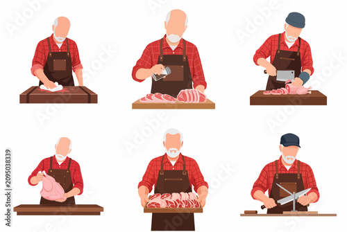 Senior male professional butcher set, character preparing raw meat, chicken, sharpening knives and seasoning food illustrations