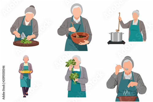 Senior woman cooking and preparing healthy homemade meals vector illustration set