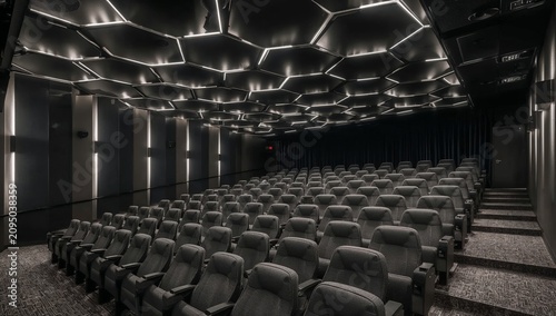 Cinema Theater Seating Area Shows Empty Rows Ready for Audience at Night
