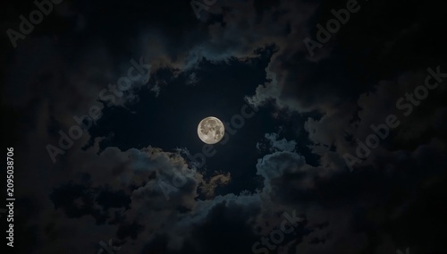 Bright Moon Shines Through Dark Clouds at Night in the Sky