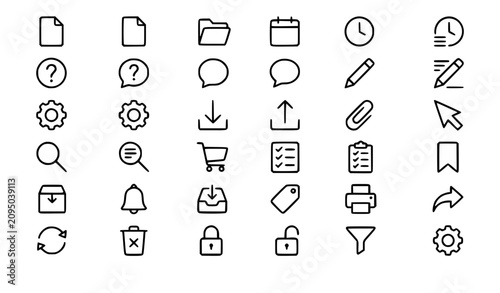 Modern Document Time Calendar and User Interface Thin Line Icons Collection on White Background
