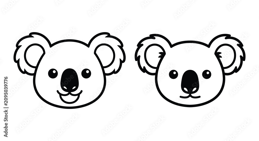 Obraz premium Two koala head silhouettes with rounded features and simplified outlines black on white silhouette koalas