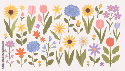 Set of colorful spring wildflowers and garden blossoms illustration elements with wildflowers blossoms botanical illustration sunflower hydrangea