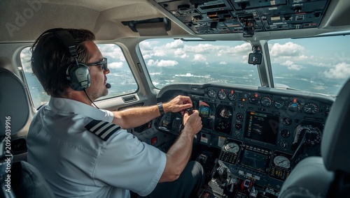 Pilot Operates Aircraft Controls From Cockpit During Flight Over Clouds