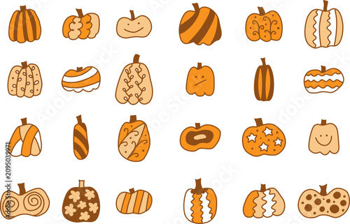 Pumpkin set. Doodle autumn element. Funny vector isolated hand drawn orange brown squash collection for fall season cartoon style