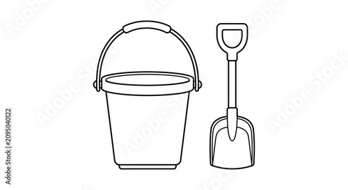 Принти на полотні Black and white of a bucket and shovel on a white background sand