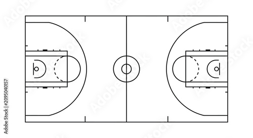Obraz na plátně Basketball court diagram with lines and markings black and white silhouette spor