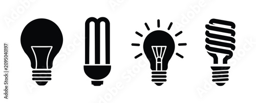Foto Assorted Light Bulb Silhouettes: A collection of distinct light bulb silhouettes, showcasing different designs from traditional incandescent to modern compact fluorescent and spiral CFL bulbs