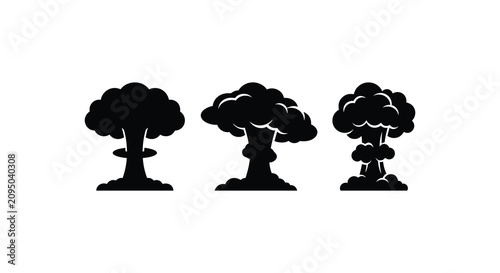 Three atomic explosion silhouettes with varying mushroom cloud shapes on a white background silhouette blast