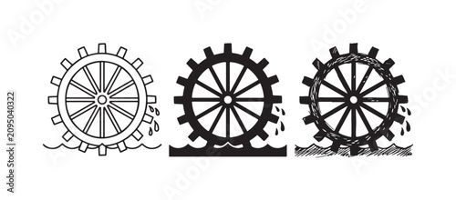 Fotografia Three styles of a water wheel icon: outline, solid black, and hand-drawn sketch, shown rotating in water with splashes, on a white background