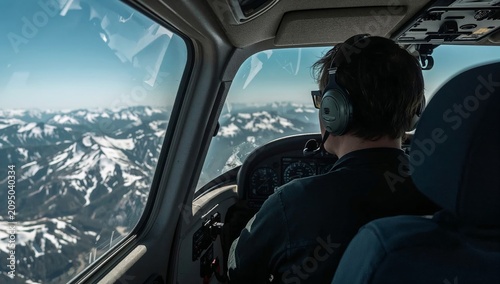 Pilot in Cockpit Looking out at Mountains During a Flight in Clear Weather