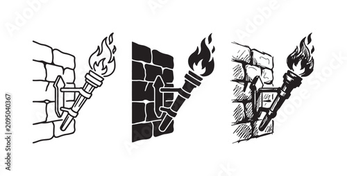 Photography Three styles of a sturdy wall-mounted torch with a blazing flame, shown in outline, solid black, and detailed hand-drawn versions