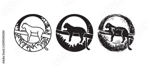 Photography Three styles of a panther or big cat resting on a tree branch within a circular frame surrounded by foliage, in outline, solid, and sketchy designs
