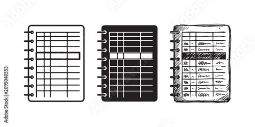 Fotografie Spreadsheet or ledger notebook icons in outline, solid, and hand-drawn sketch st
