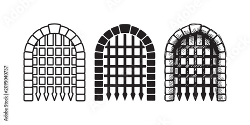 Tableau sur toile Medieval Portcullis Gate Icons Set with Arched Stone Entrance in Outline, Solid,