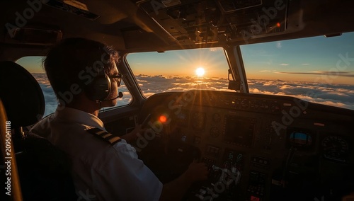 Pilot Works in Cockpit During Sunset Above the Clouds Near a Skyline