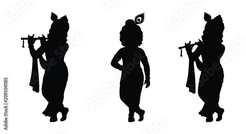 Photos Three krishna flute player figures in black silhouette against a white backgroun