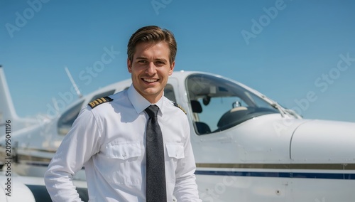 Pilot Stands Next to Small Aircraft on Sunny Day at Airport