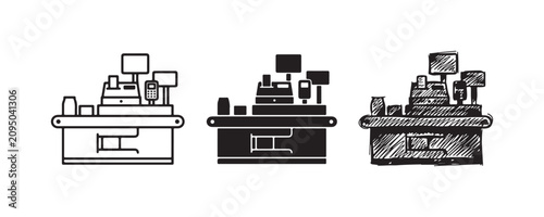 Cashier station or supermarket checkout counter with display, scanner, and payment terminal in three styles