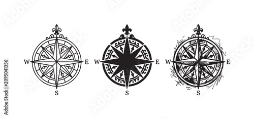 Fotografie Decorative compass rose vector icons set: Outline, silhouette, and hand-drawn sketch of a vintage navigational symbol with cardinal directions and fleur-de-lis