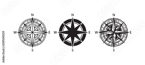 Obraz na plátně Compass rose vector icons set: Outline, silhouette, and hand-drawn sketch of a traditional navigational symbol with all four cardinal directions
