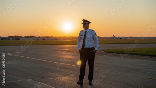 Pilot Walks on Runway During Sunset at an Airport While Aircraft is Parked in...