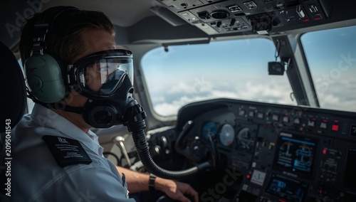 Pilot Operates Aircraft Cockpit With Oxygen Mask During Flight in Cloudy Sky