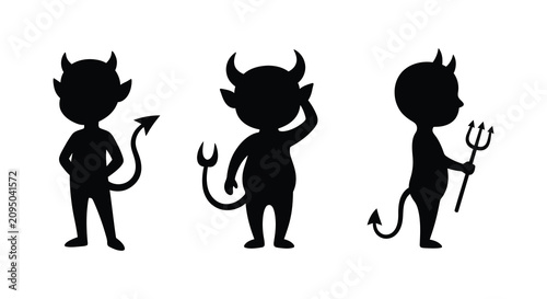 Photos Three devil silhouettes with horns tails and pitchforks against a white backgrou