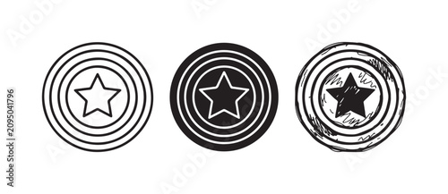 Star Emblem Shield Icon Set with Outlined Star: Outline, Solid Black, and Sketchy Doodle Styles