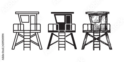 Foto Three styles of a enclosed lifeguard tower icon with a closed cab, railings, and a ladder, available in outline, solid silhouette, and hand-drawn sketch