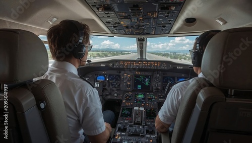 Pilots Operate an Airplane From the Cockpit During a Clear Day With Clouds in...