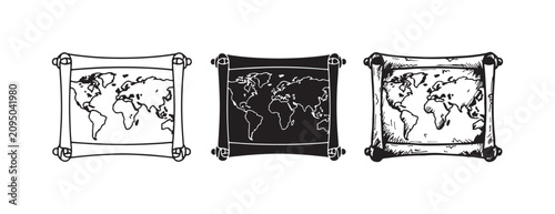 Bild auf Leinwand Old world map on an unfurled scroll, presented in outline, solid black silhouette, and detailed sketch styles