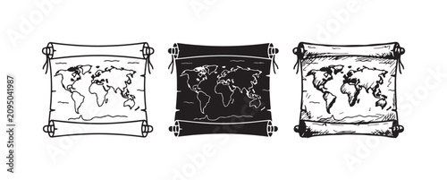 Schilderij op canvas Old world map on an unfurled scroll with prominent handles, shown in outline, solid black silhouette, and detailed sketch versions